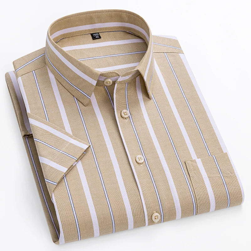 Men's Short Sleeve Cotton Shirt, Slim Fit Breathable Button-Down Casual Summer Shirt
