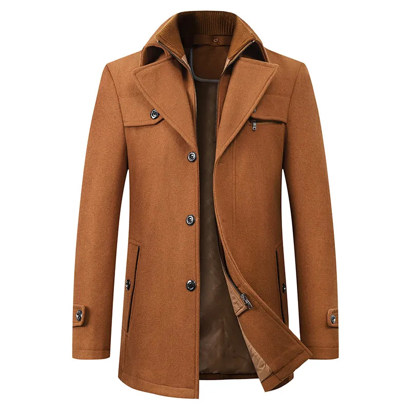 Men's structured mid-length coat with stand collar, buttons, zip and multiple pockets