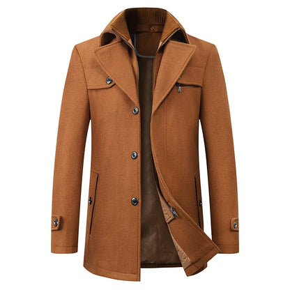 Men's structured mid-length coat with stand collar, buttons, zip and multiple pockets
