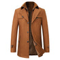 Men's structured mid-length coat with stand collar, buttons, zip and multiple pockets