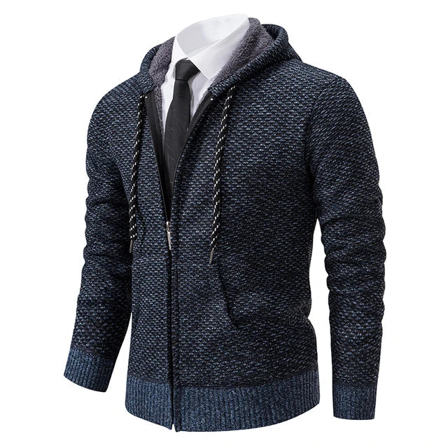 Men's textured full-zip hooded jumper with long sleeves and front pockets