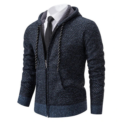 Men's textured full-zip hooded jumper with long sleeves and front pockets