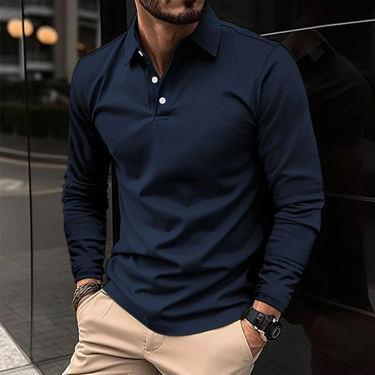 Men's long sleeve collared polo shirt with button placket