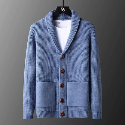 Men's textured knit cardigan with shawl collar, buttons and two patch pockets