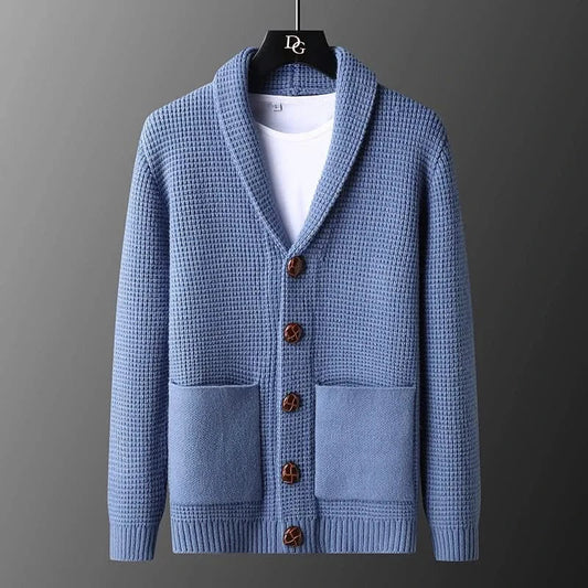 Men's textured knit cardigan with shawl collar, buttons and two patch pockets
