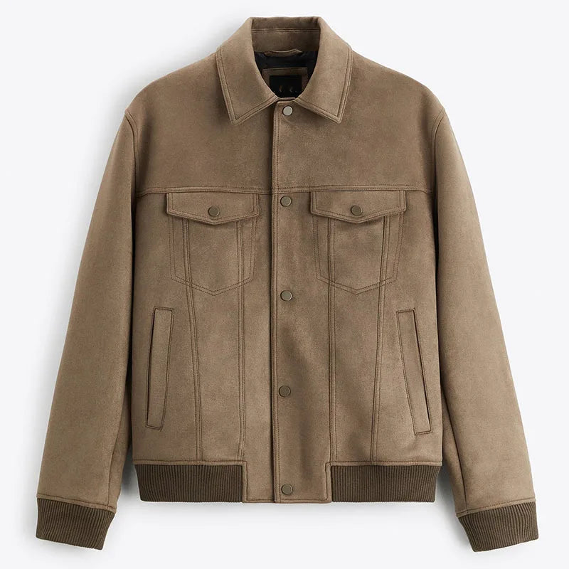 Men's collared trucker jacket with snap front and multiple pockets