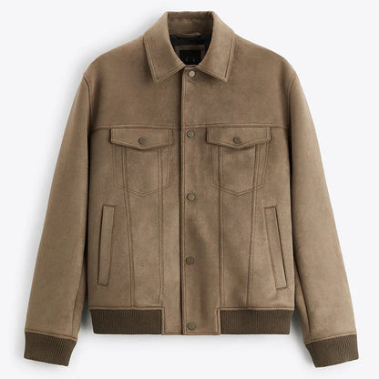 Men's collared trucker jacket with snap front and multiple pockets