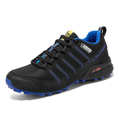 Men's low-cut lace-up hiking shoes with textured panels and rugged treaded soles