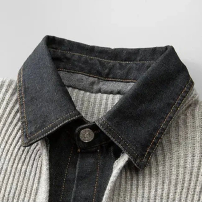 Ribbed jacket with contrasting denim-style trim, button front and patch pockets
