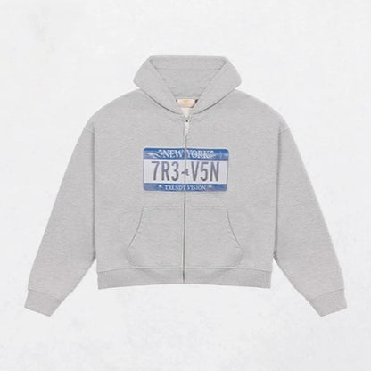 Cropped hooded zip hoodie with license plate chest graphic