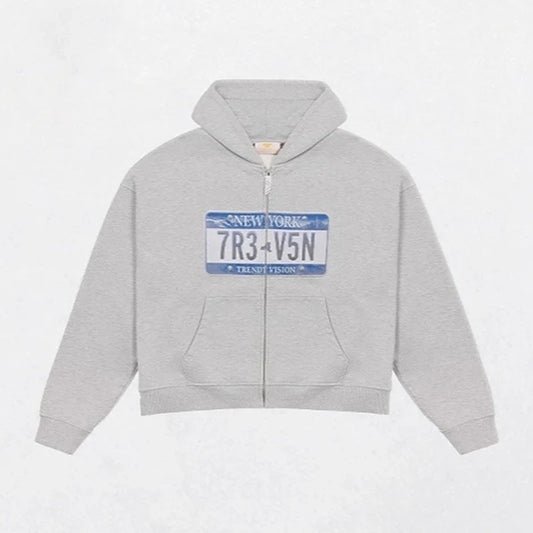 Cropped hooded zip hoodie with license plate chest graphic