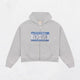 Cropped hooded zip hoodie with license plate chest graphic