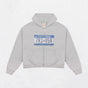 Cropped hooded zip hoodie with license plate chest graphic