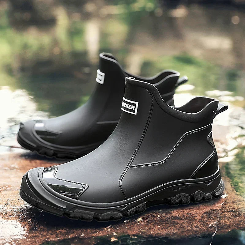 Black Chelsea ankle boots with elastic panels and lugged soles