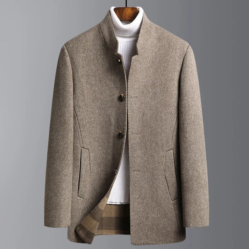 Men's stand collar button front winter coat with long sleeves