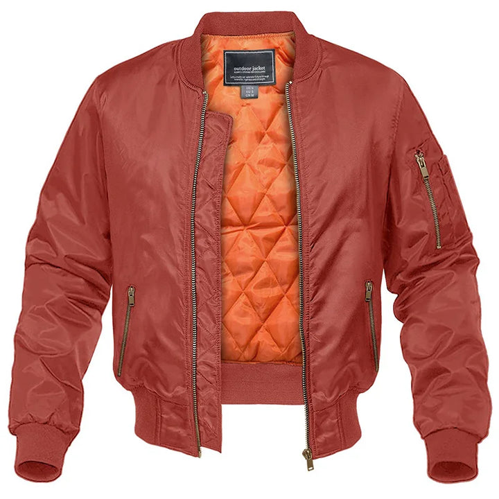 Men's quilted bomber jacket with zip front and ribbed trims