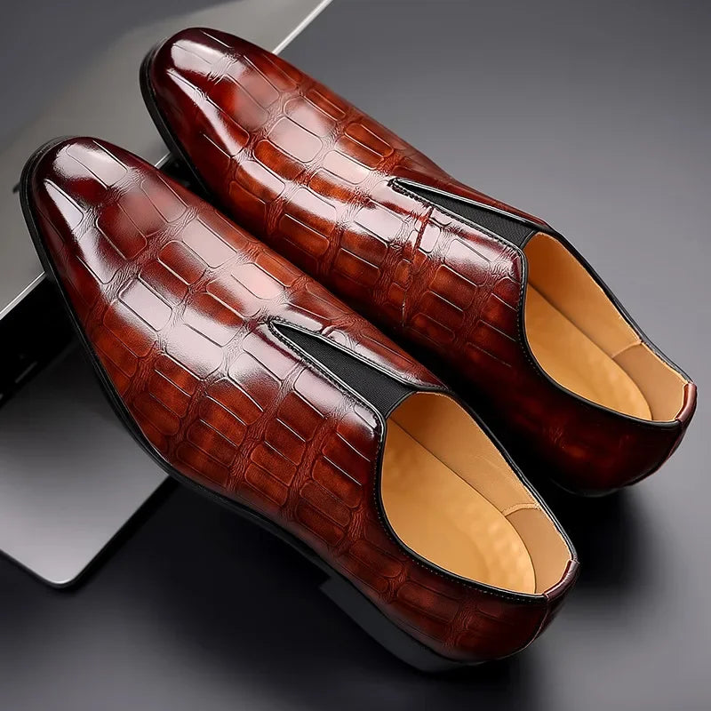 Glossy crocodile-effect embossed slip-on loafers