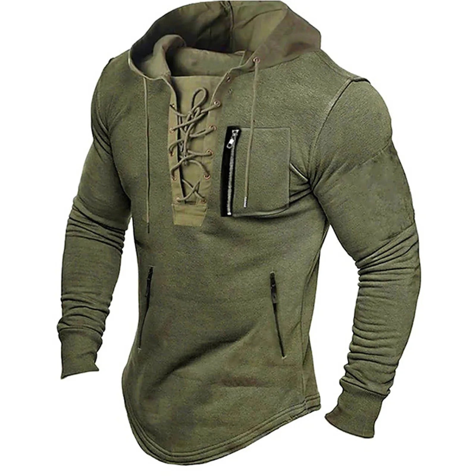 Men's hooded sweater with lace-up front and zip pockets