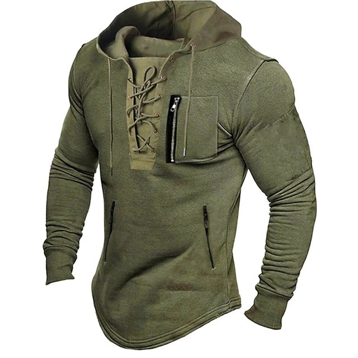 Men's hooded sweater with lace-up front and zip pockets