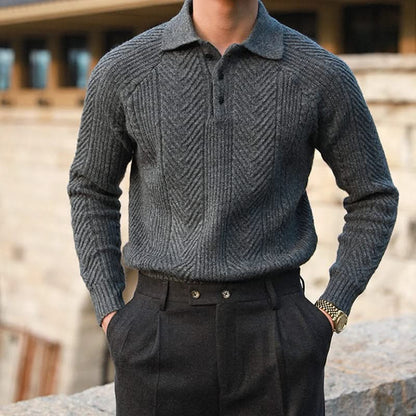 Men's long-sleeve textured polo sweater with collared neckline and button placket