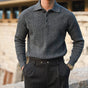 Men's long-sleeve textured polo sweater with collared neckline and button placket