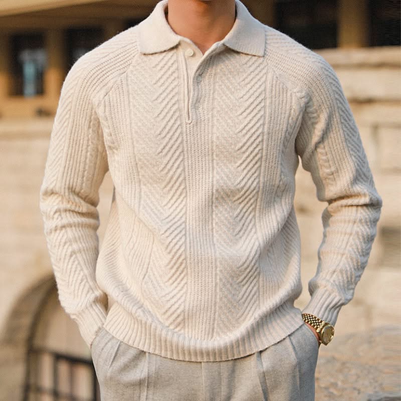Men's long-sleeve textured polo sweater with collared neckline and button placket