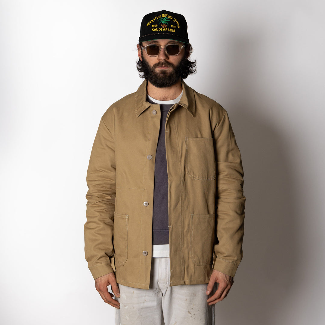 Men's brown utility jacket with shirt collar, button front and patch pockets