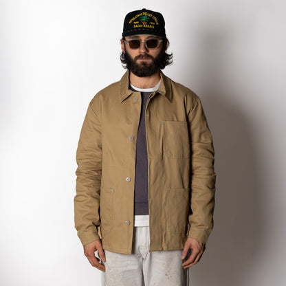 Men's brown utility jacket with shirt collar, button front and patch pockets