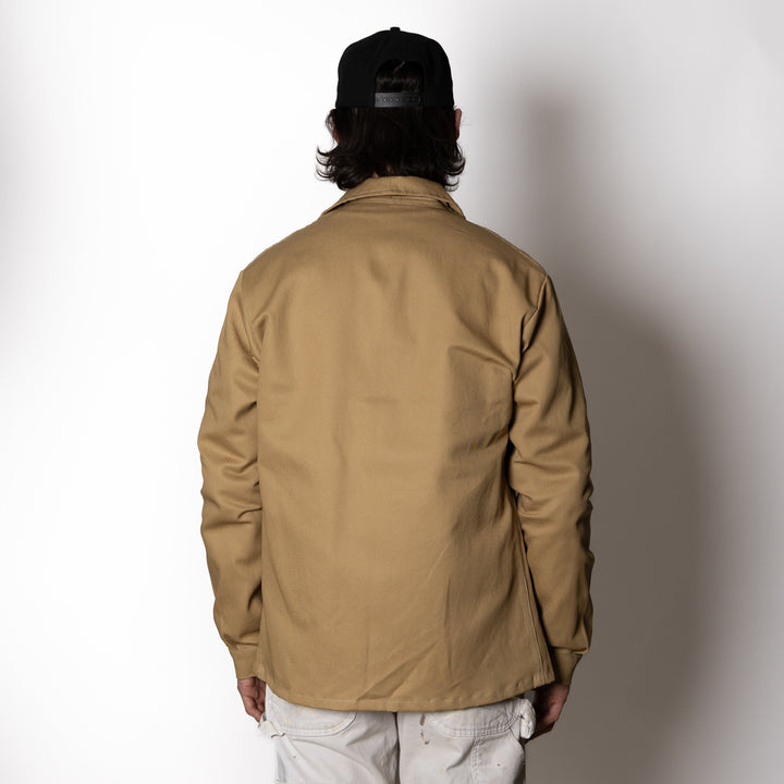 Men's brown utility jacket with shirt collar, button front and patch pockets