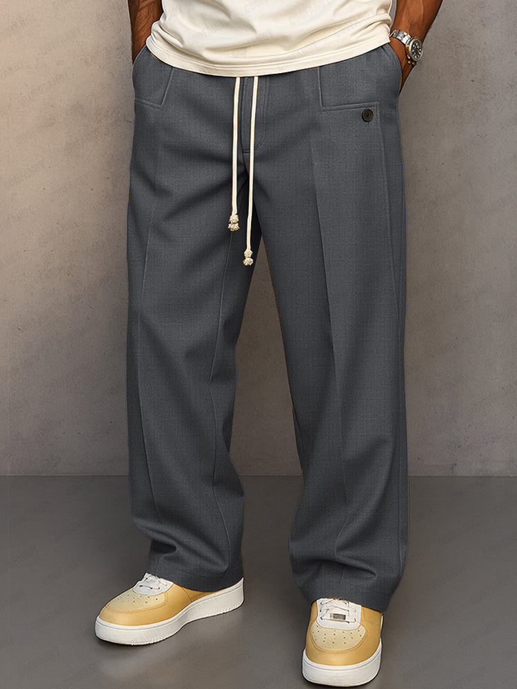 Men's Wide Leg Trousers, Pleated Front, Drawstring Waist