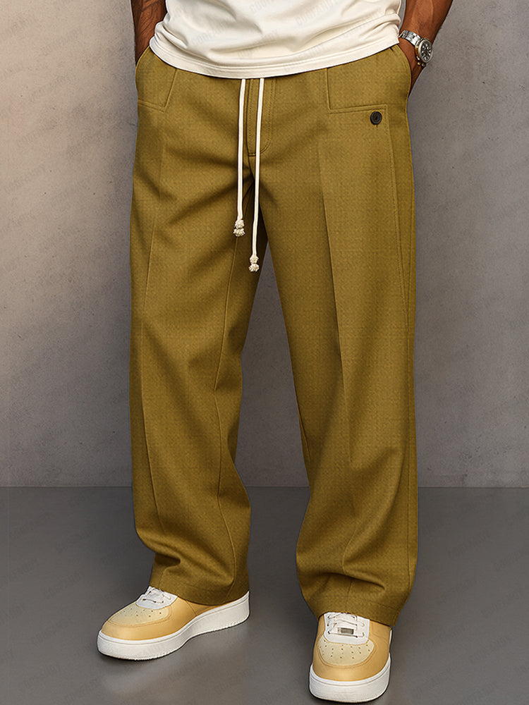 Men's Wide Leg Trousers, Pleated Front, Drawstring Waist