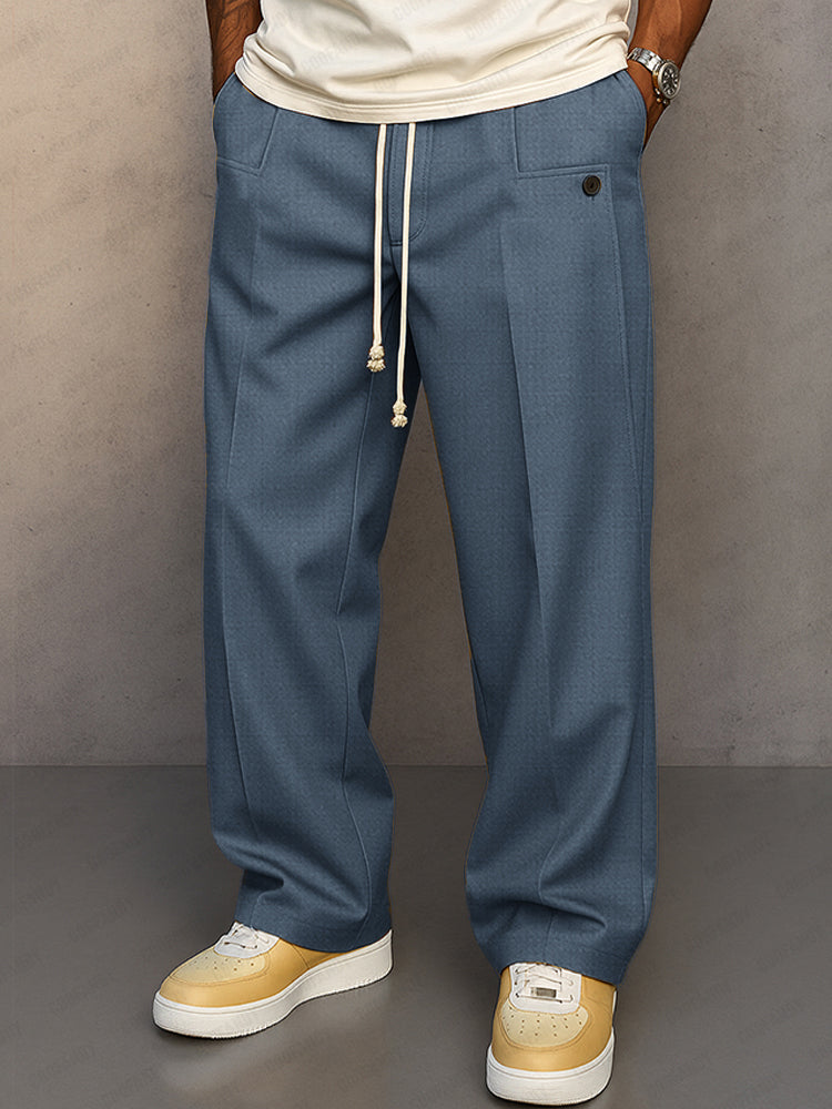 Men's Wide Leg Trousers, Pleated Front, Drawstring Waist
