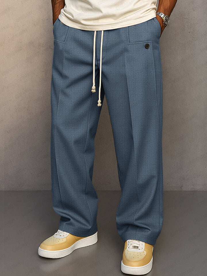 Men's Wide Leg Trousers, Pleated Front, Drawstring Waist
