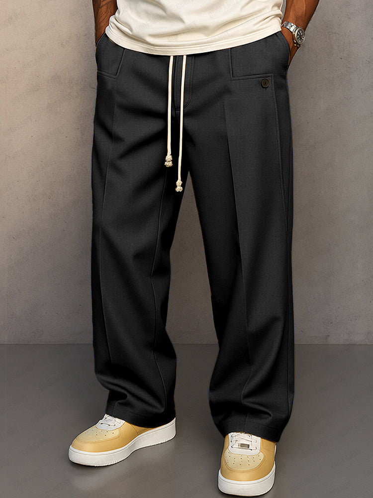 Men's Wide Leg Trousers, Pleated Front, Drawstring Waist