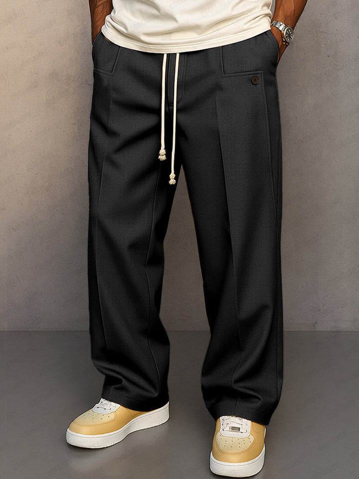 Men's Wide Leg Trousers, Pleated Front, Drawstring Waist