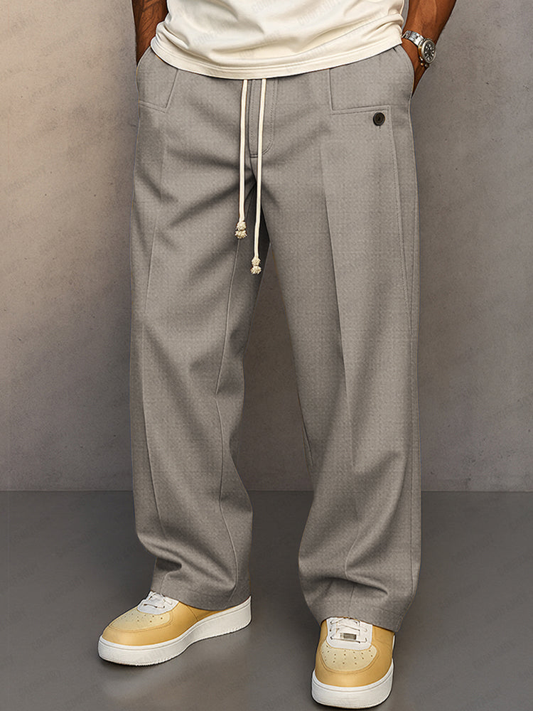 Men's Wide Leg Trousers, Pleated Front, Drawstring Waist