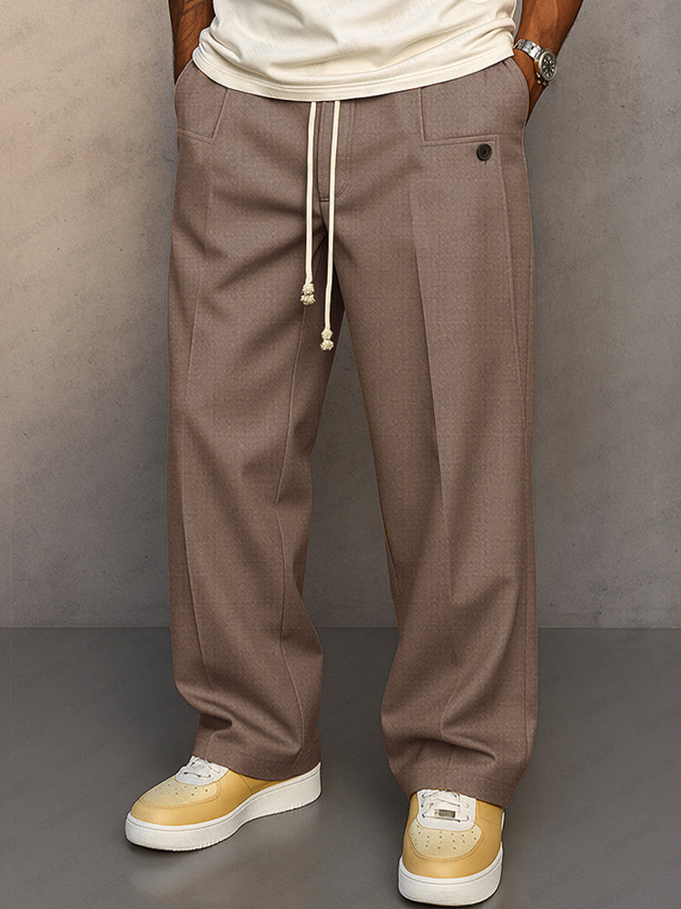 Men's Wide Leg Trousers, Pleated Front, Drawstring Waist
