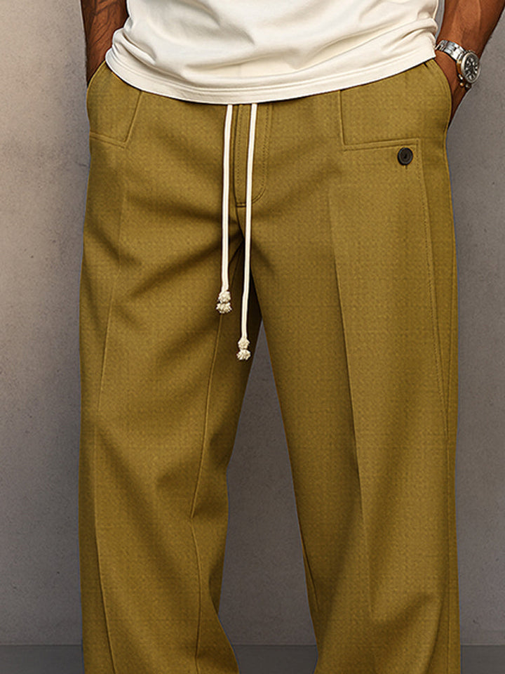 Men's Wide Leg Trousers, Pleated Front, Drawstring Waist