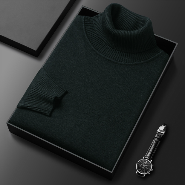 Solid ribbed turtleneck sweater folded in a presentation box