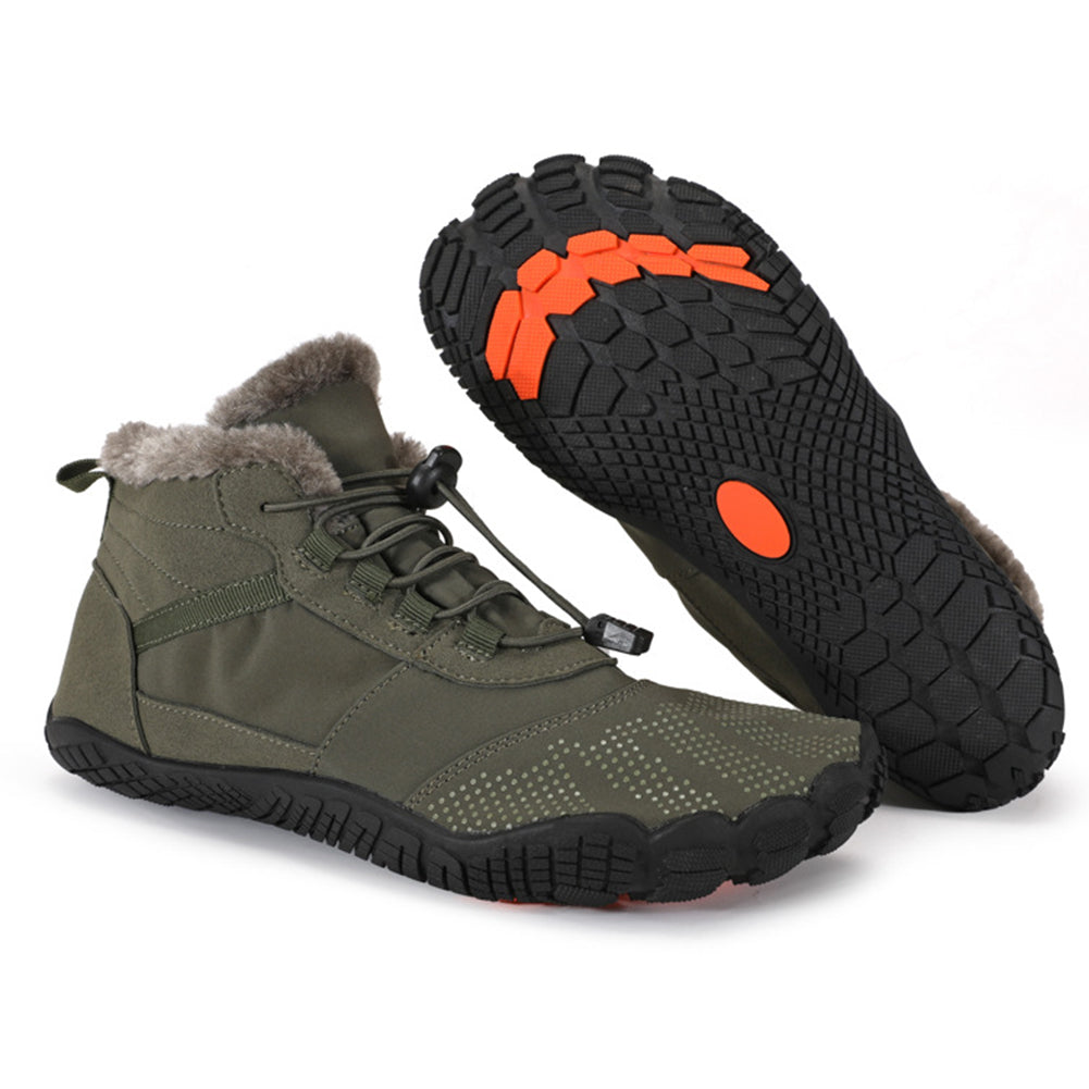 Textured winter barefoot ankle boots with lace-up toggle and padded trim