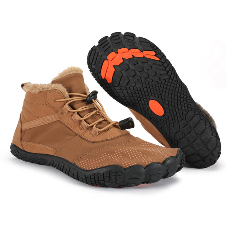 Textured winter barefoot ankle boots with lace-up toggle and padded trim