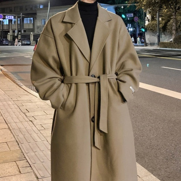 Men's long belted overcoat with notched lapels and side pockets