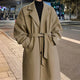 Men's long belted overcoat with notched lapels and side pockets