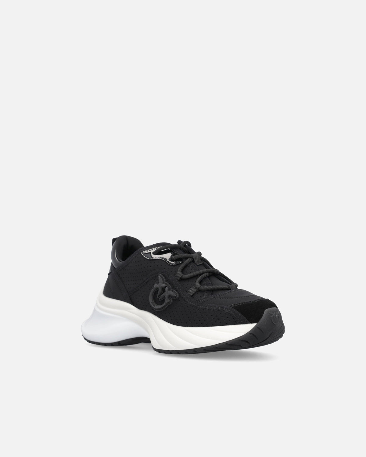 Black perforated lace-up sneakers with logo detail and chunky white sole