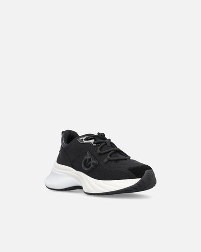 Black perforated lace-up sneakers with logo detail and chunky white sole