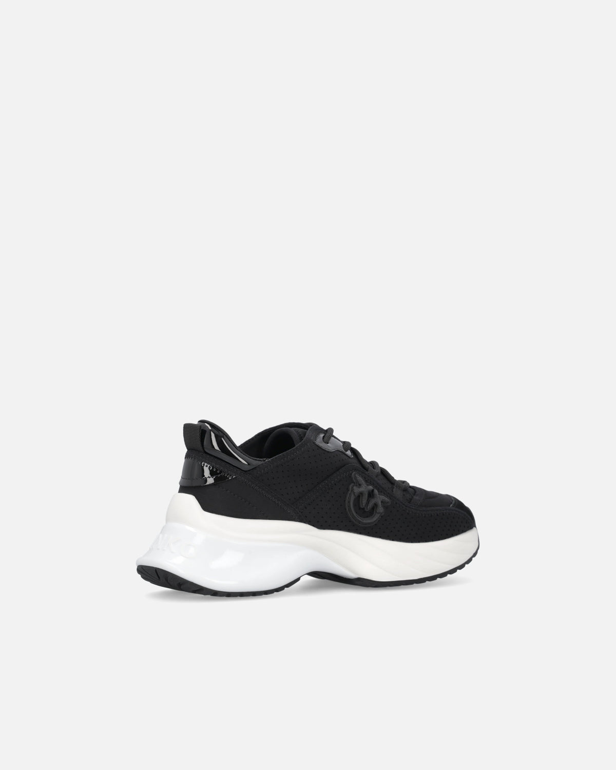 Black perforated lace-up sneakers with logo detail and chunky white sole