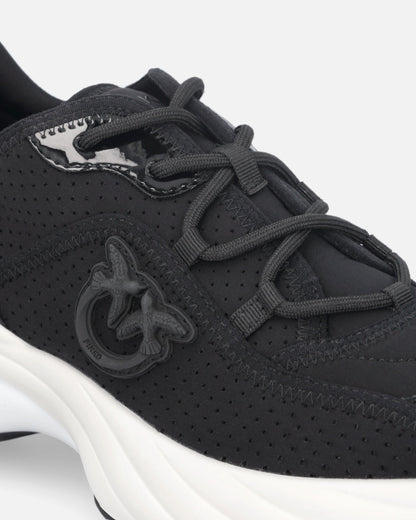 Black perforated lace-up sneakers with logo detail and chunky white sole