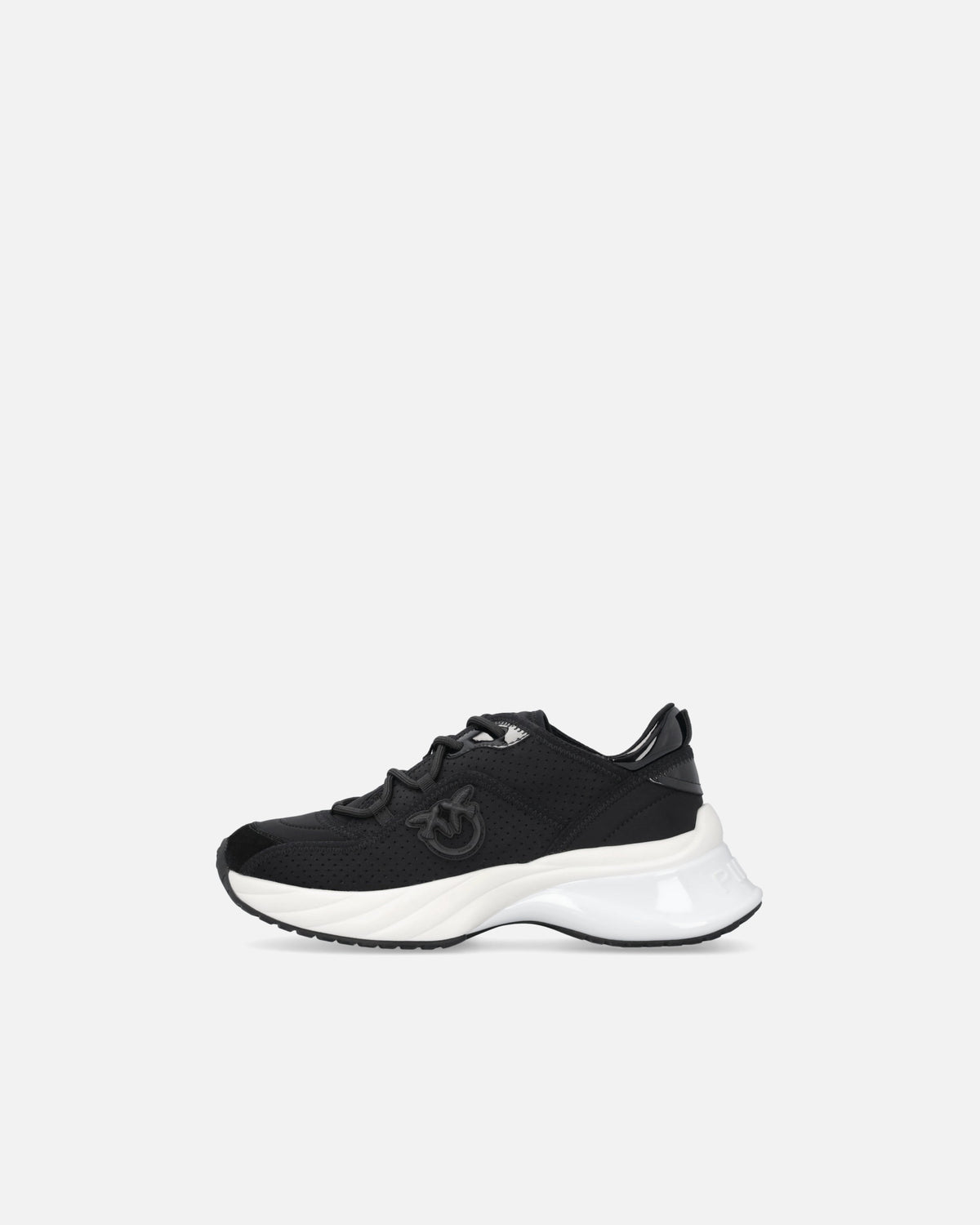 Black perforated lace-up sneakers with logo detail and chunky white sole