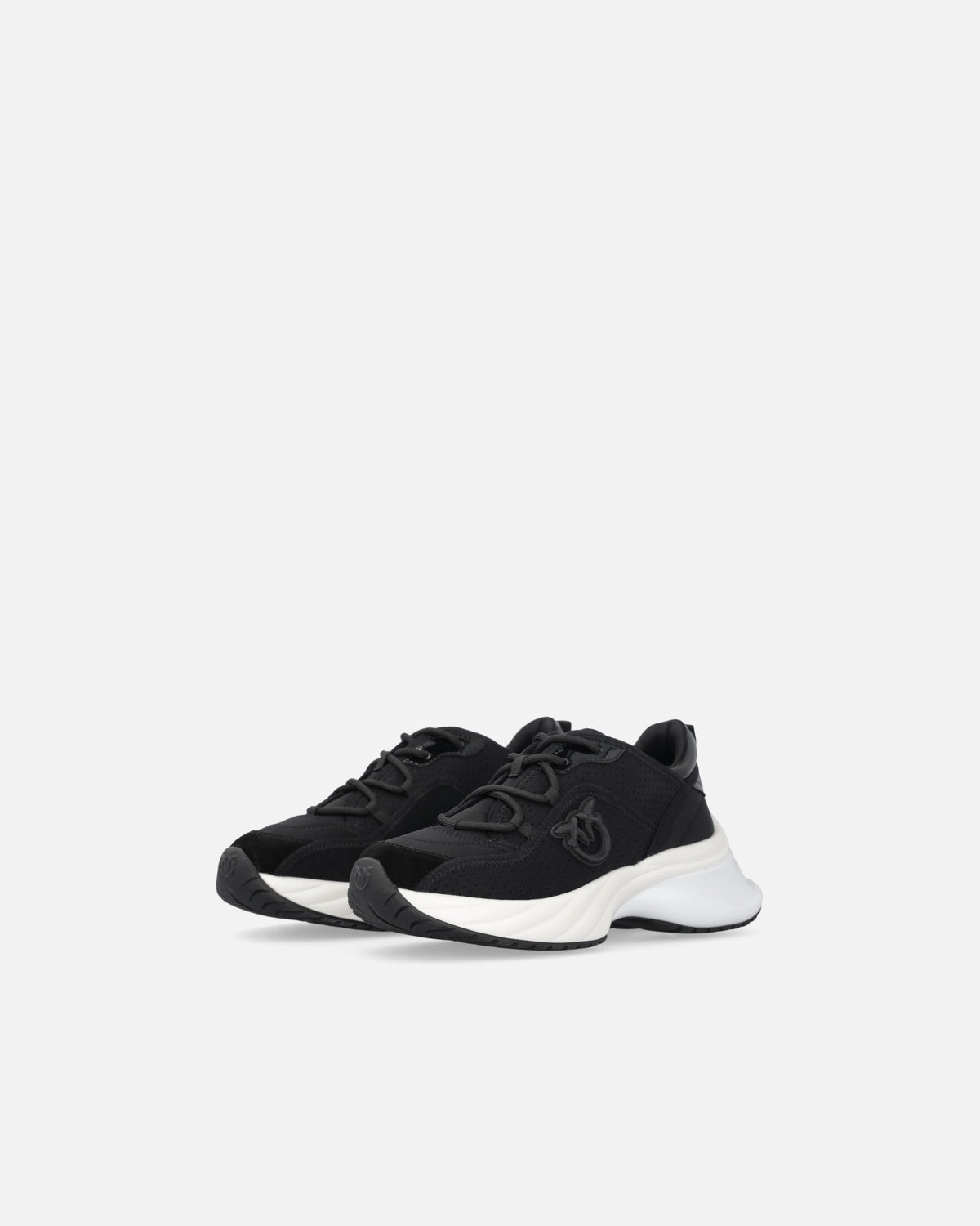 Black perforated lace-up sneakers with logo detail and chunky white sole