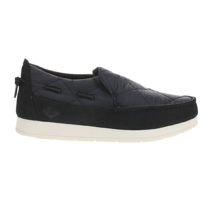 Black quilted moc slippers with side lace detail and cream flat sole